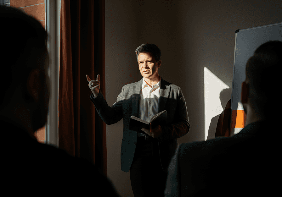 A male teacher giving a lecture to a group of students in a classroom setting.