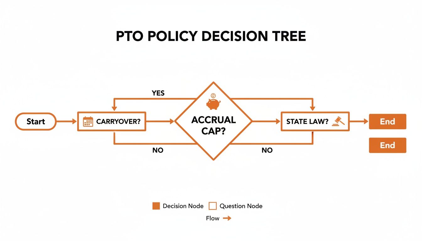 Flowchart illustrating a PTO policy decision tree covering carryover, accrual cap, and state law.