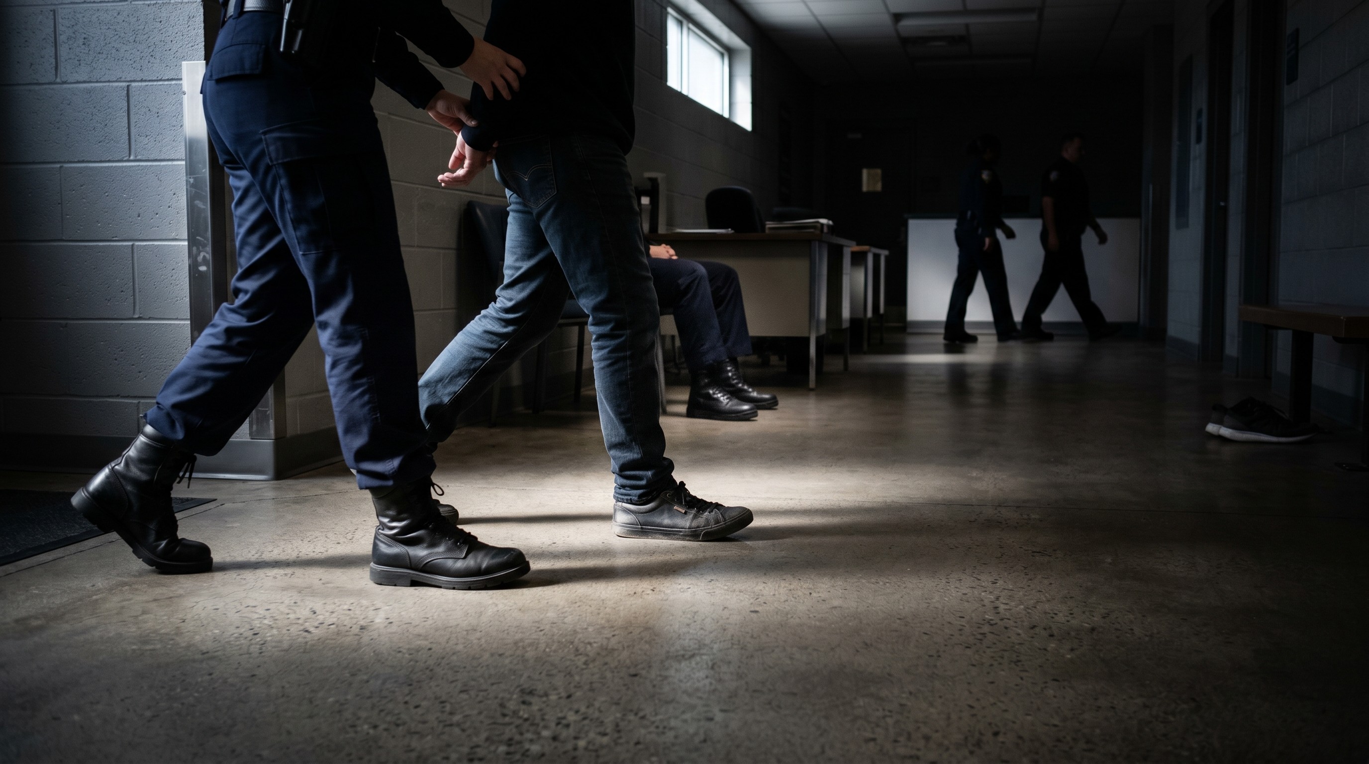 A person is being escorted handcuffed by an officer in a dimly lit hallway of a police station, with another officer seated in the background and others walking in the distance, emphasizing law enforcement and detention themes.