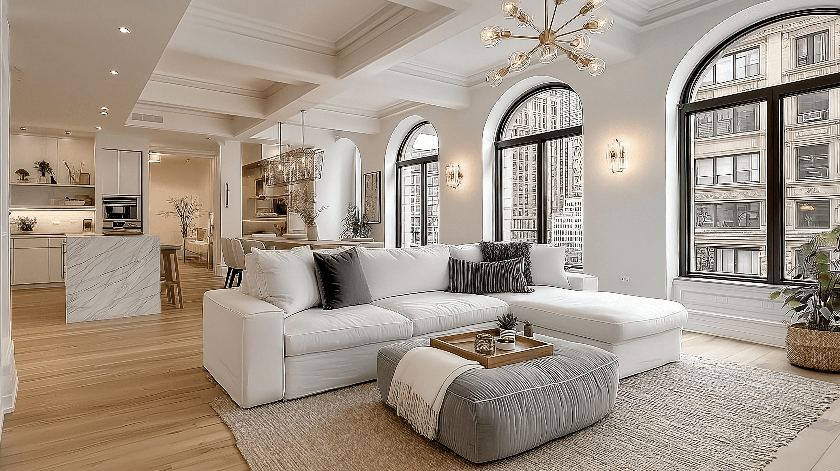 Spacious open-plan living room with a white sectional, a grey tufted ottoman, coffered ceilings, arched windows, and a view into a modern kitchen.