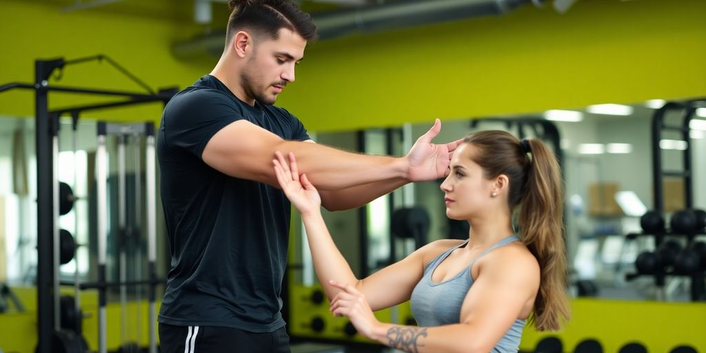 Trainer and client engaged in strength training session.