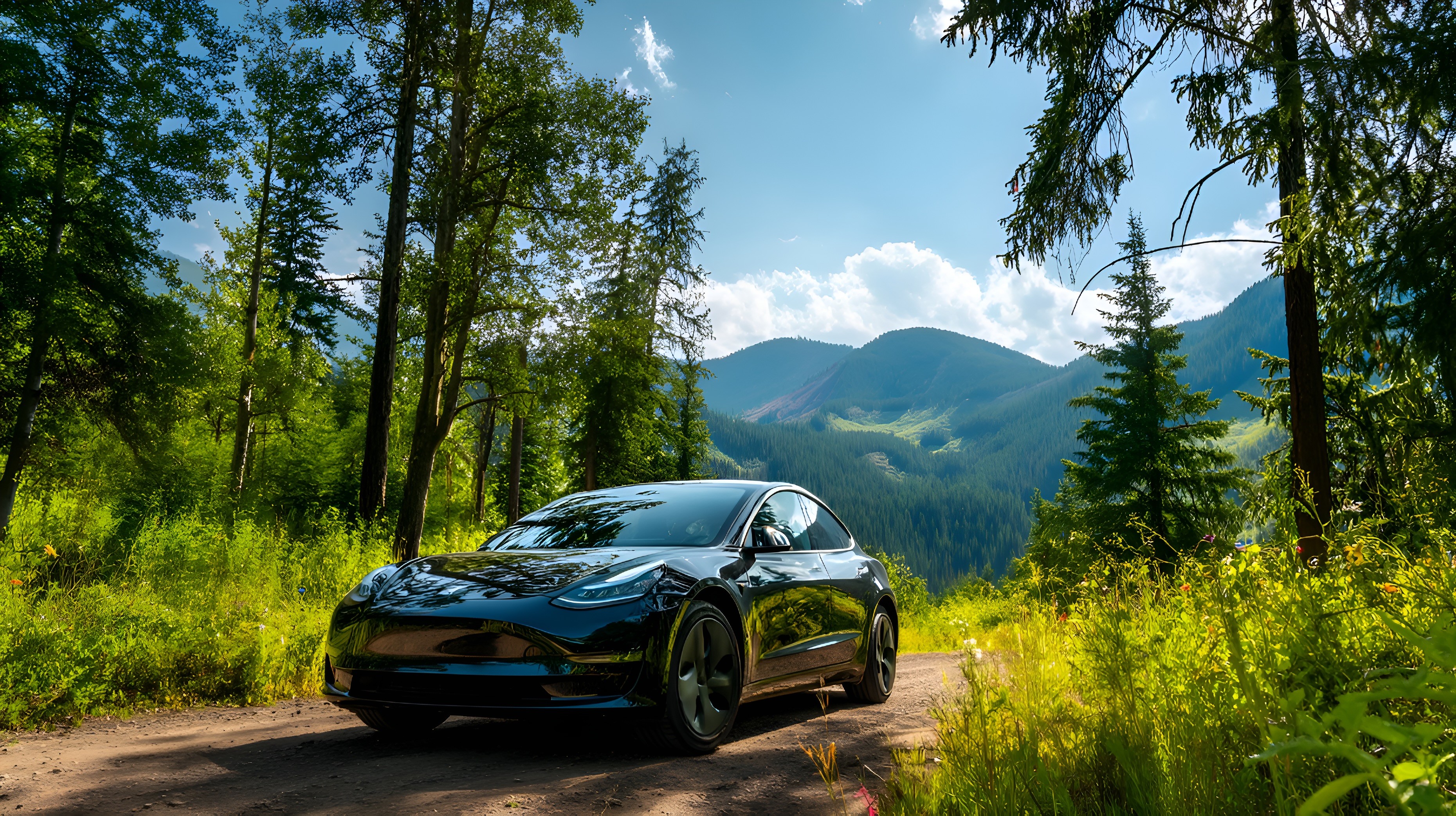 Modern electric vehicle in lush green forest setting with mountains.