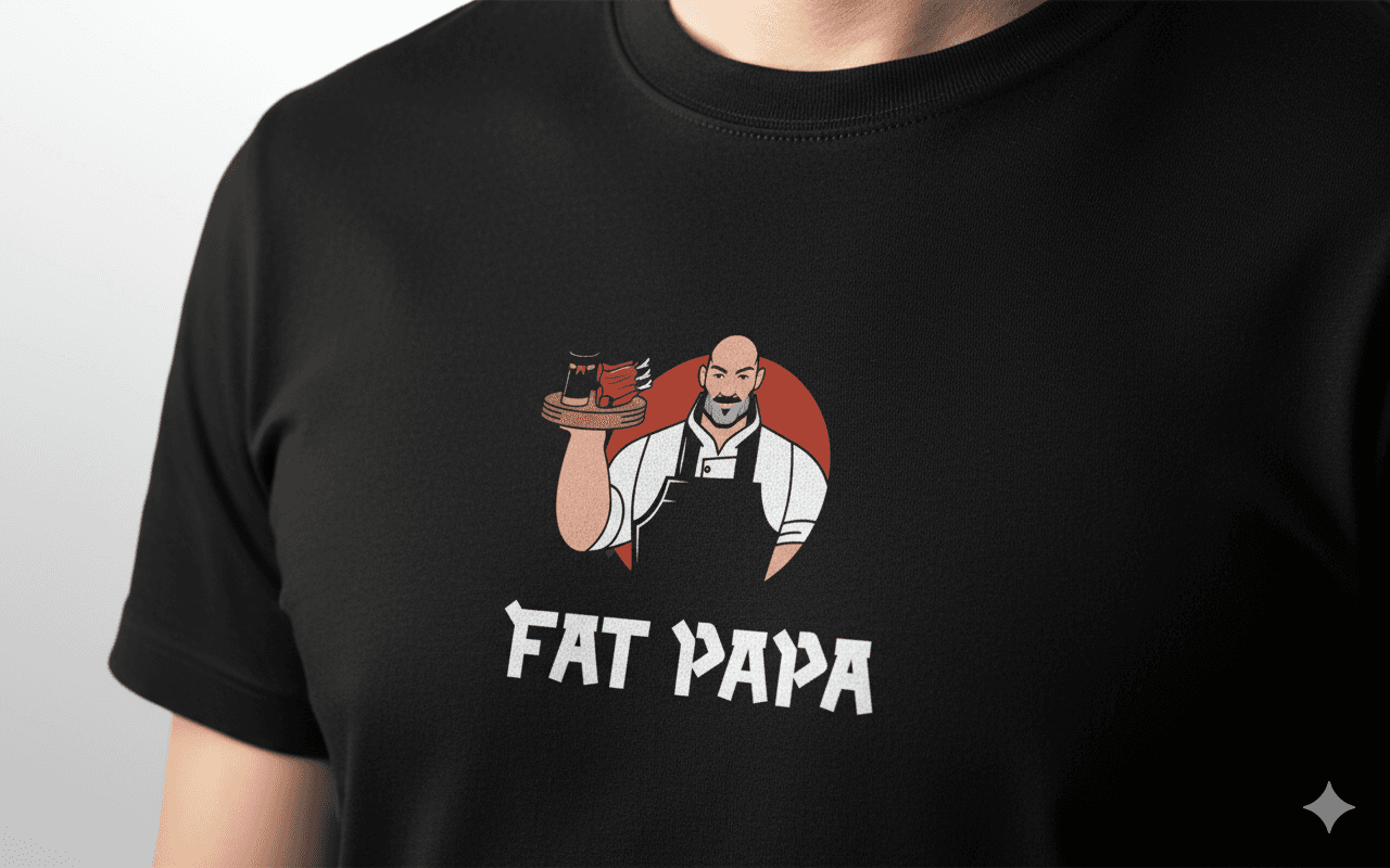 Black T-shirt displaying the Fat Papa chef illustration and logo.