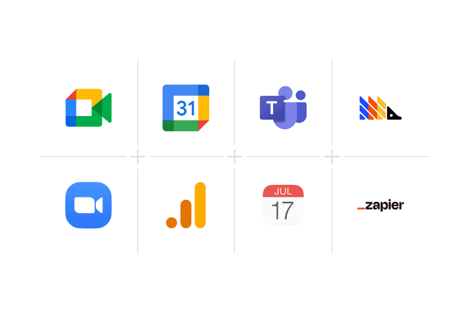 Icon grid of Cal.com integrations, including Google Meet, Google Calendar, Microsoft Teams, Zoom, Google Analytics, and Zapier