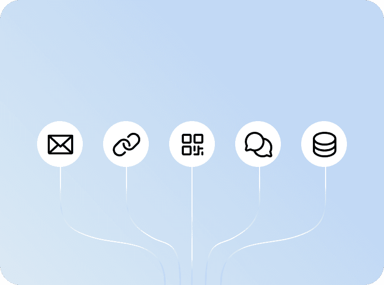 Five icons connected by lines on a light blue background, representing different concepts or categories.