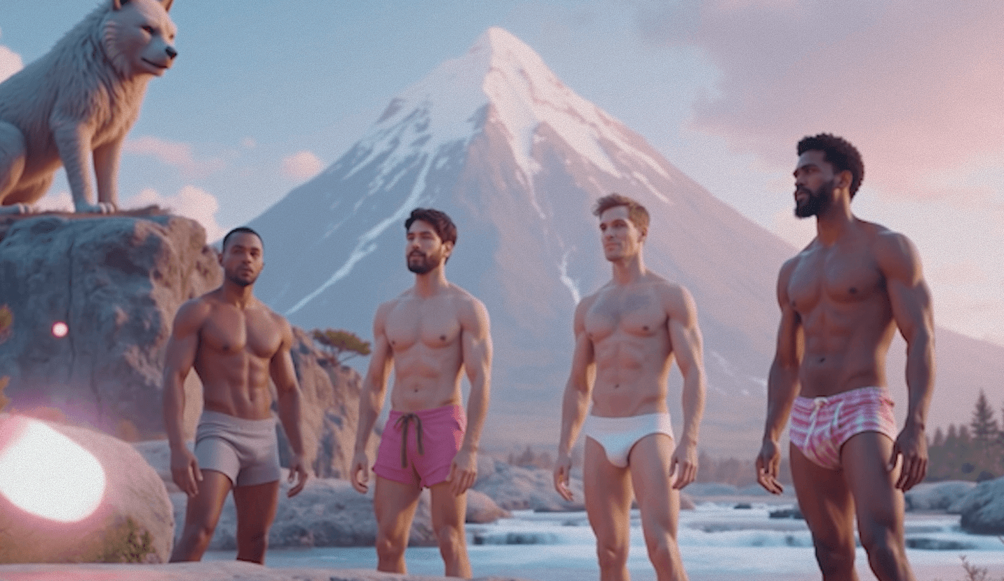 Stylized group of figures in surreal desert landscape translating sound into visual music styling
