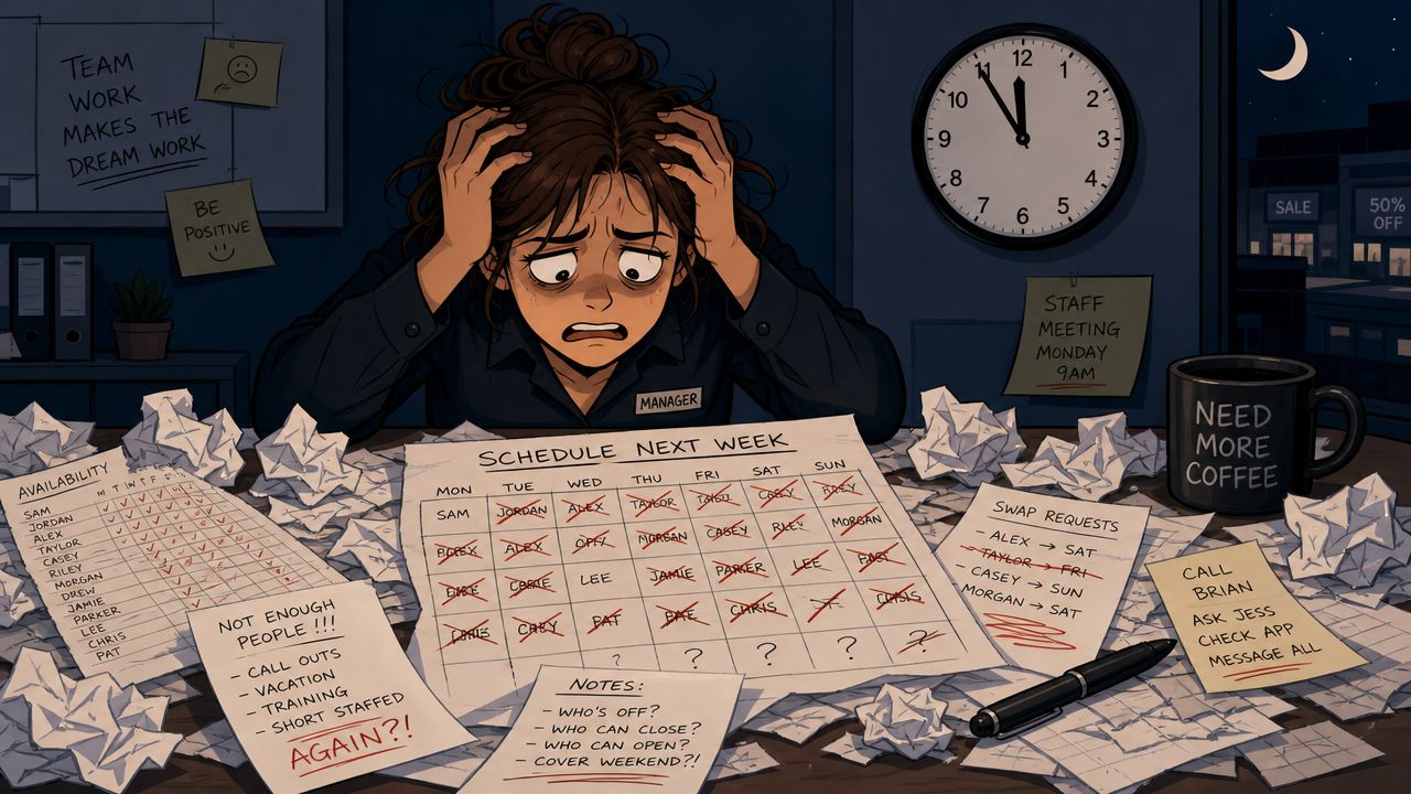 Stressed retail manager feeling overwhelmed while trying to create a difficult staff schedule late at night.