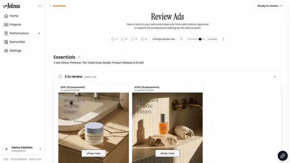 Opening an ad in review to see all its placements side by side, shrinking them with the size slider, scrolling across platforms, filtering to Pinterest, turning on Safe zones, and comparing the Feed Portrait placement with the original
