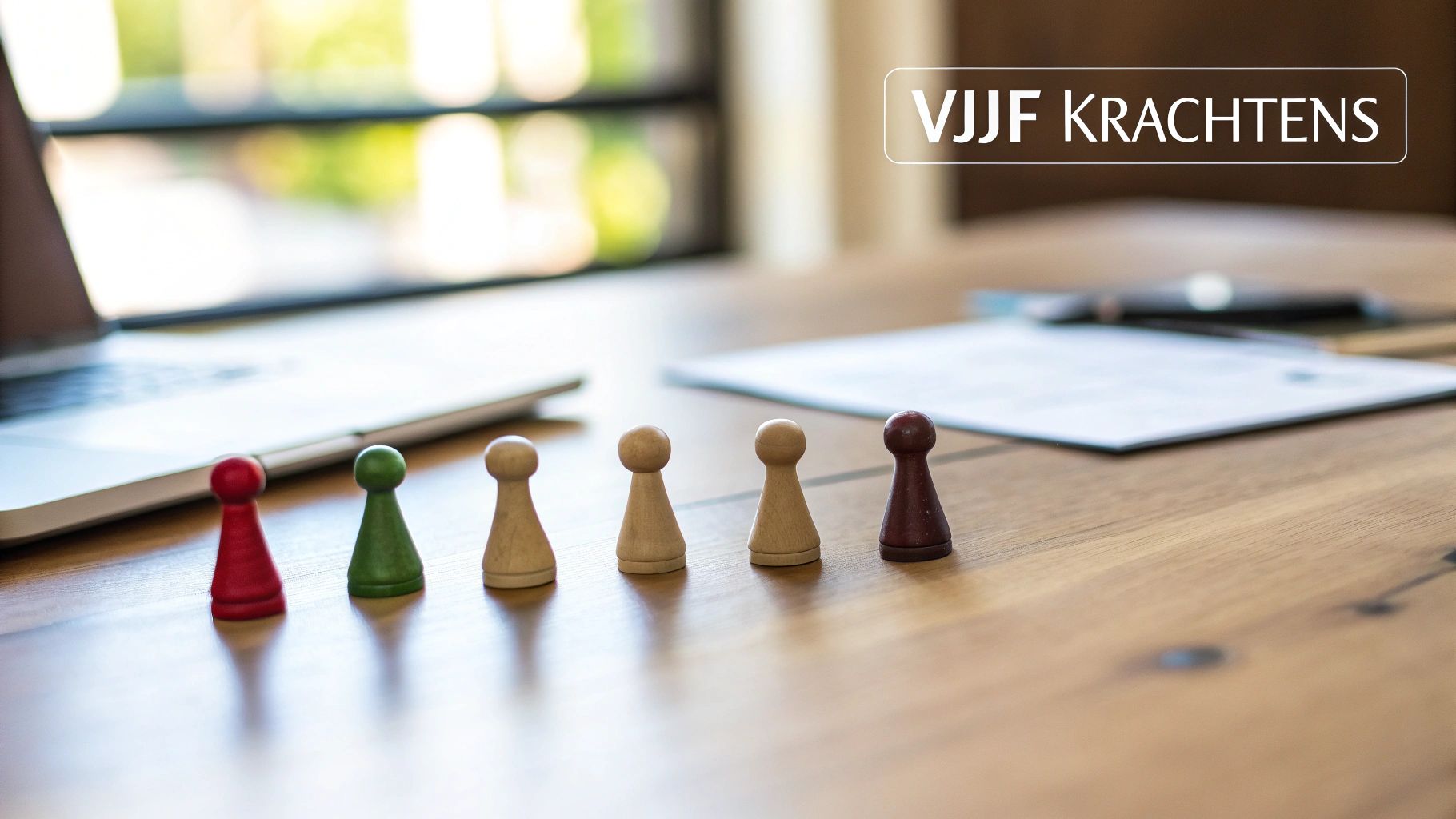 Zes spelpionnen in verschillende kleuren en materialen staan op een houten tafel. Een laptop en documenten zijn op de achtergrond zichtbaar.