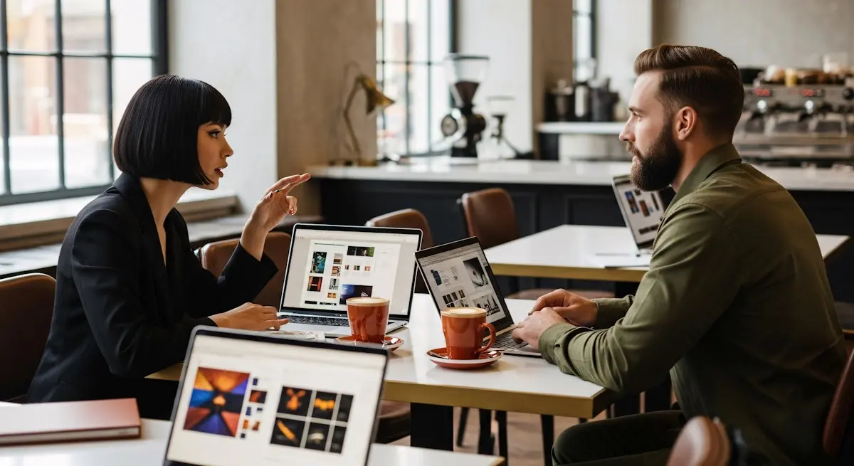 Two professionals discussing website design on laptops in modern café workspace