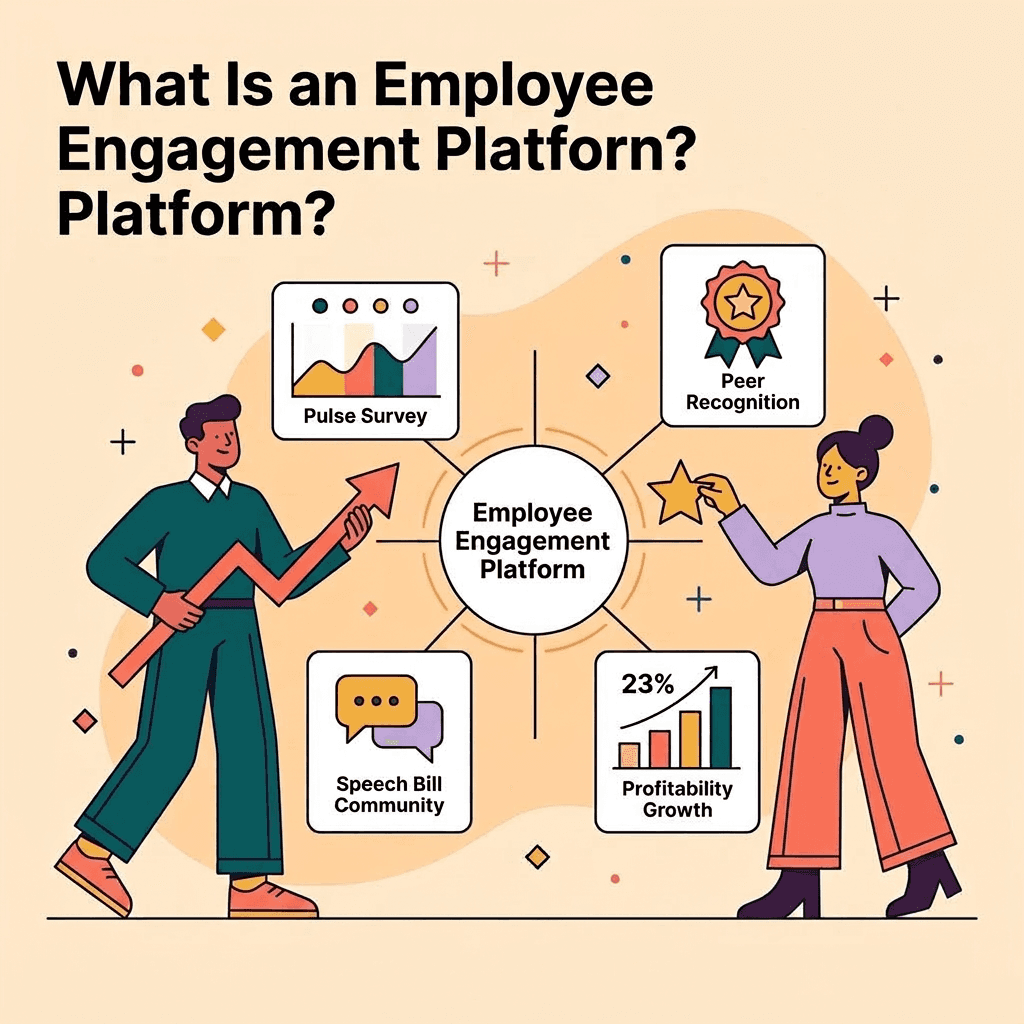 A visual guide explaining "What Is an Employee Engagement Platform?" featuring key SaaS modules: Pulse Surveys, Peer Recognition, and Community tools. The graphic highlights a 23% profitability growth statistic, illustrating how modern internal communication software connects remote and deskless workers to drive business results in 2026