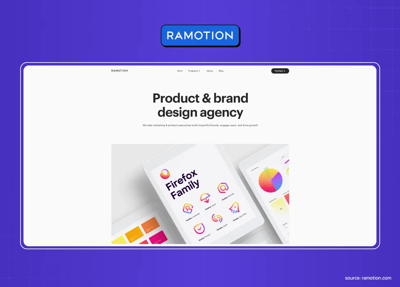 Ramotion website featuring the headline “Product & brand design agency” and a visual of Firefox Family product screens.