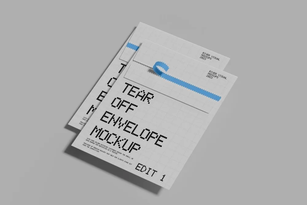 A mockup of tear-off envelopes with a grid paper design and a blue serrated line detail for the tear strip. The envelopes are stacked on a light gray background, showcasing minimalistic shadows.