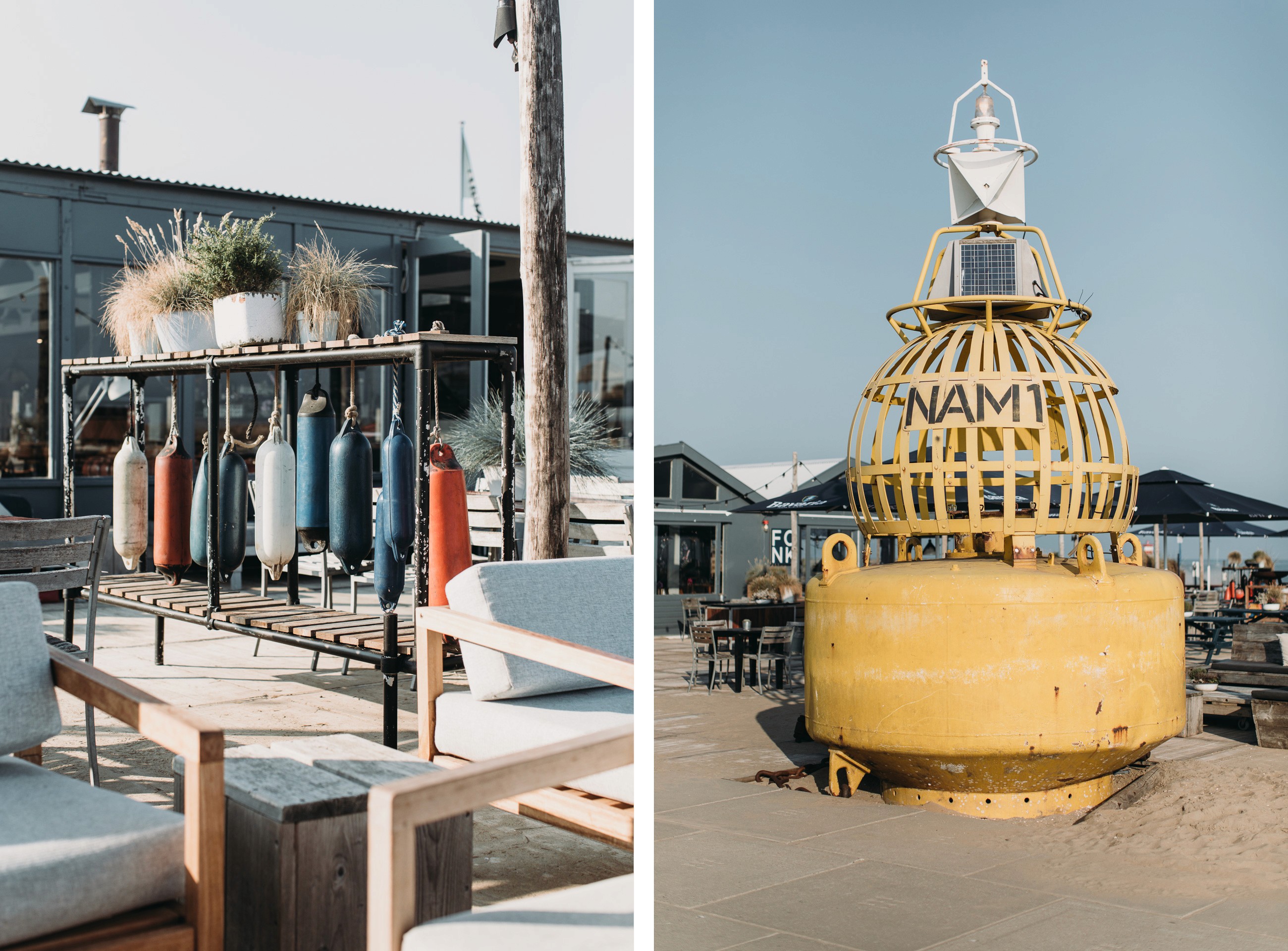 Two photos of details referencing to maritime elements on the terrace of Fonk Beach