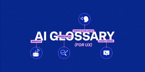 AI glossary illustration for UX designers showing key concepts including agentic AI, predictive UX, human-in-the-loop AI and prompt design around the title “AI Glossary (for UX).