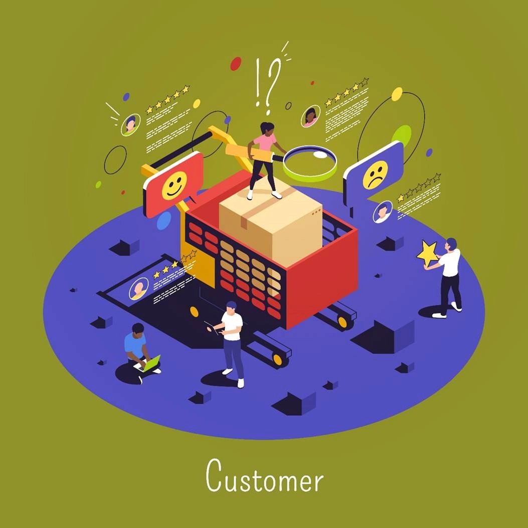 Isometric illustration of customers reviewing a product in a shopping cart with star ratings and sentiment icons