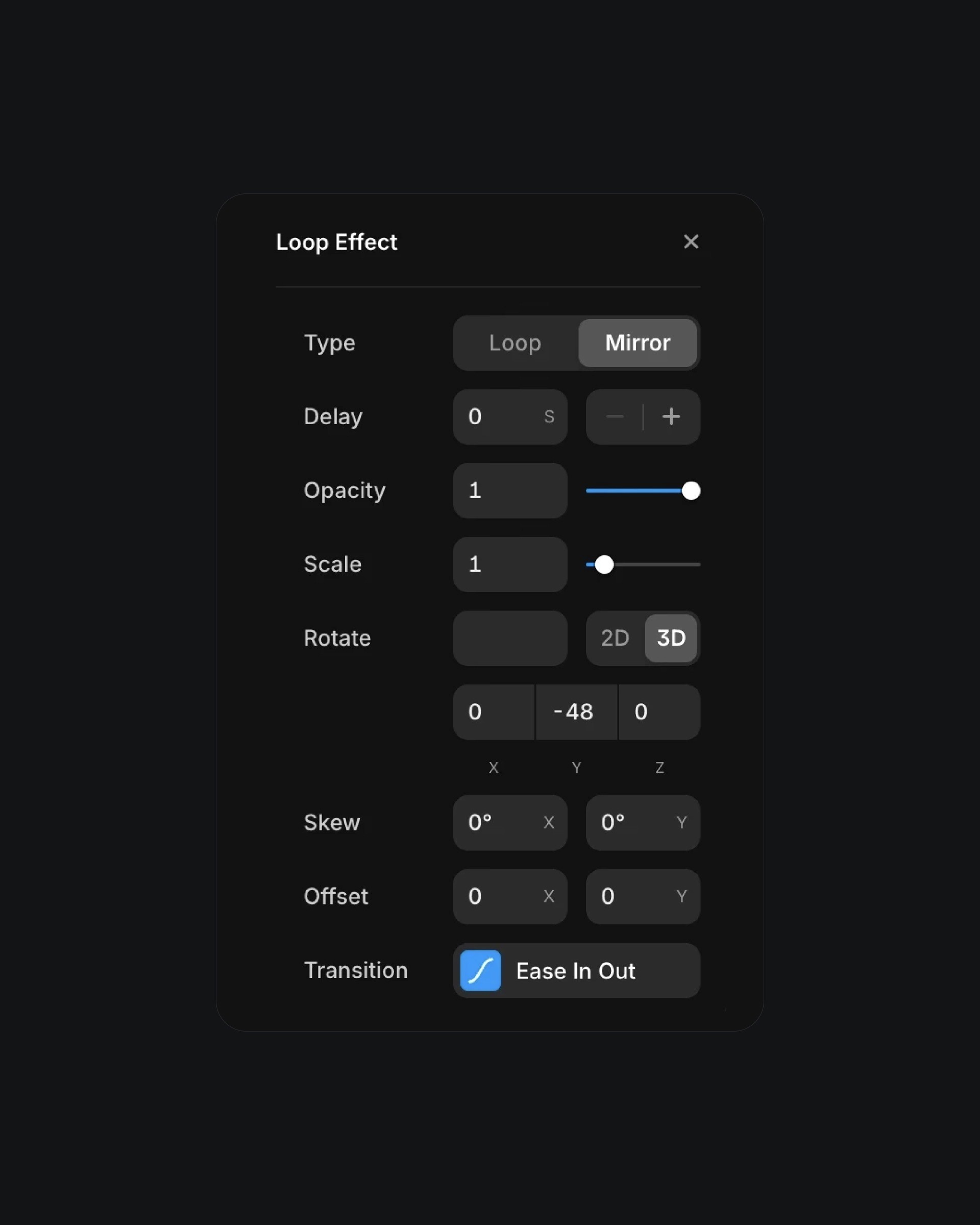 Loop Effect settings showcasing options like type (Loop/Mirror), delay, opacity, scale, rotation (2D/3D), skew, offset, and transition style