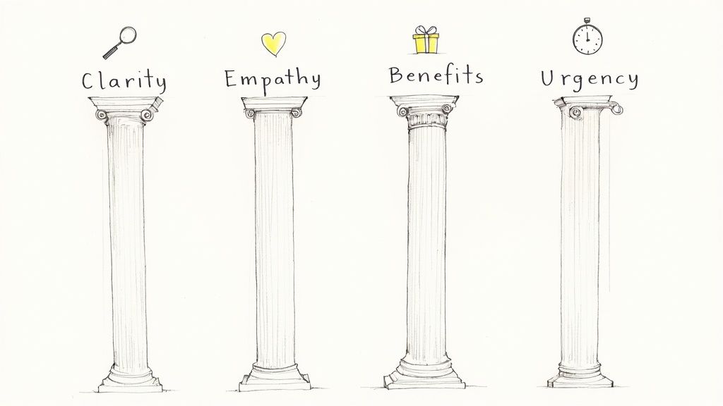 Four abstract pillars standing strong, representing clarity, empathy, benefits, and urgency