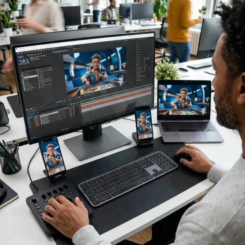 Équipe de créatifs en agence analysant des storyboards, des modélisations 3D et des palettes colorimétriques sur plusieurs écrans et supports papier, illustrant notre expertise en Production audiovisuelle pour concevoir des formats pensés pour tous vos canaux.