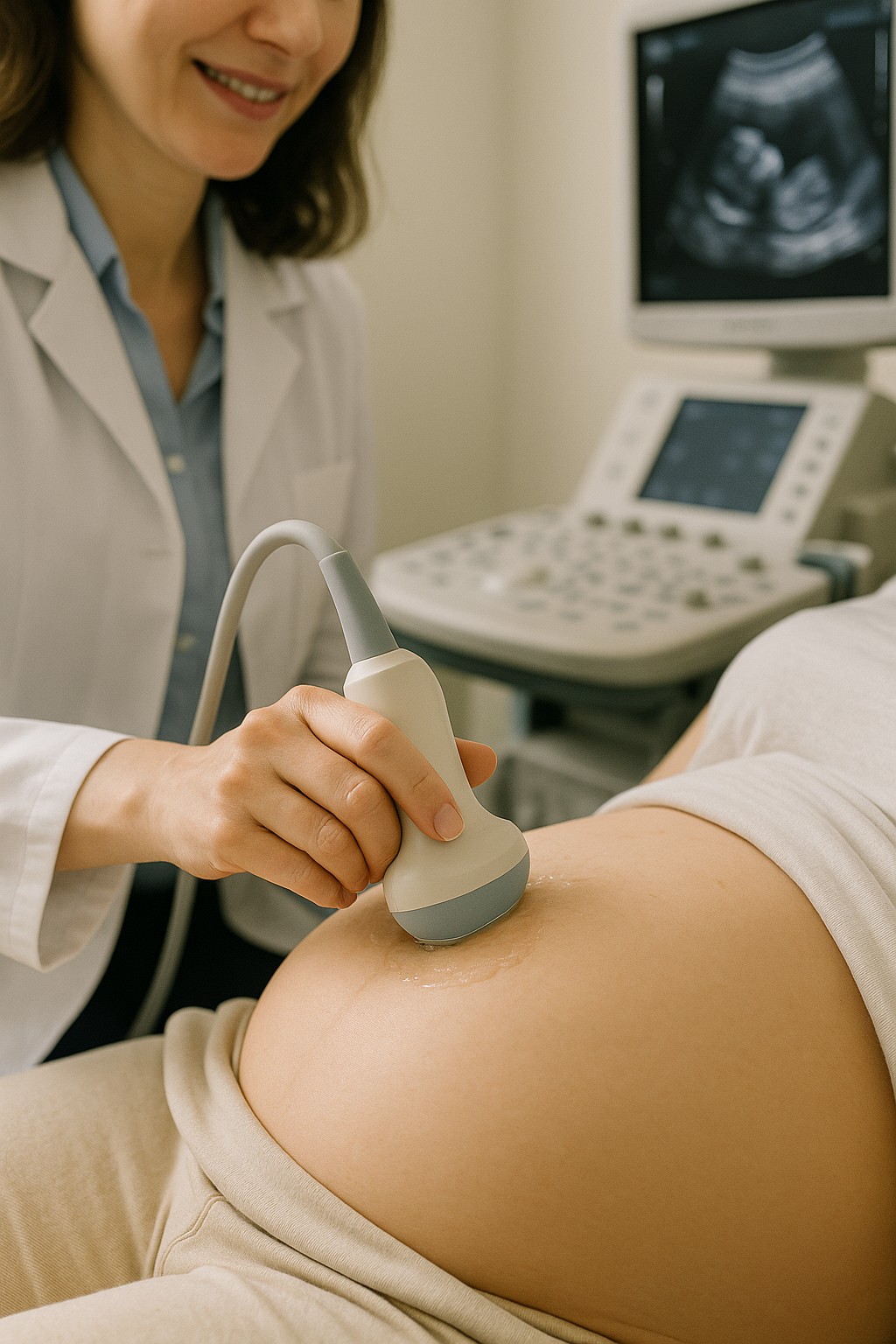 Ultrasound scan of a pregnant abdomen performed by a healthcare professional