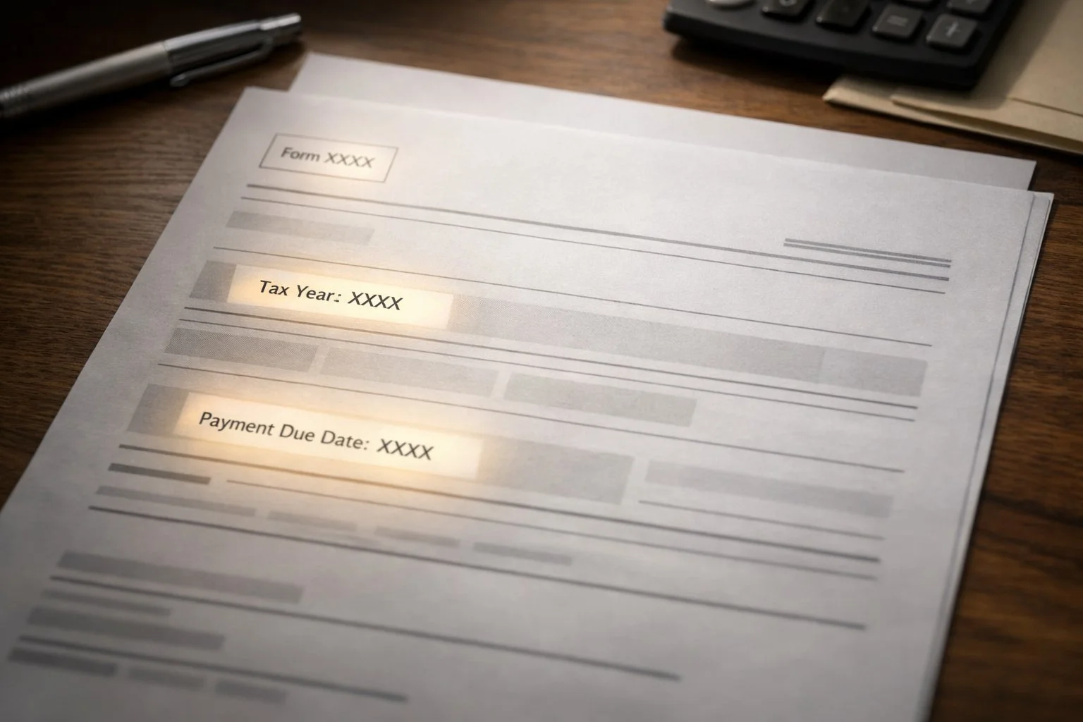 Tax notice laid flat on a desk, with form number, tax year, and deadline areas subtly highlighted, showing realistic paper textures without readable text.
