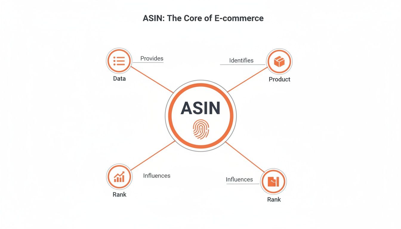 Diagram illustrating ASIN's role in e-commerce, providing data, identifying products, and influencing rank.