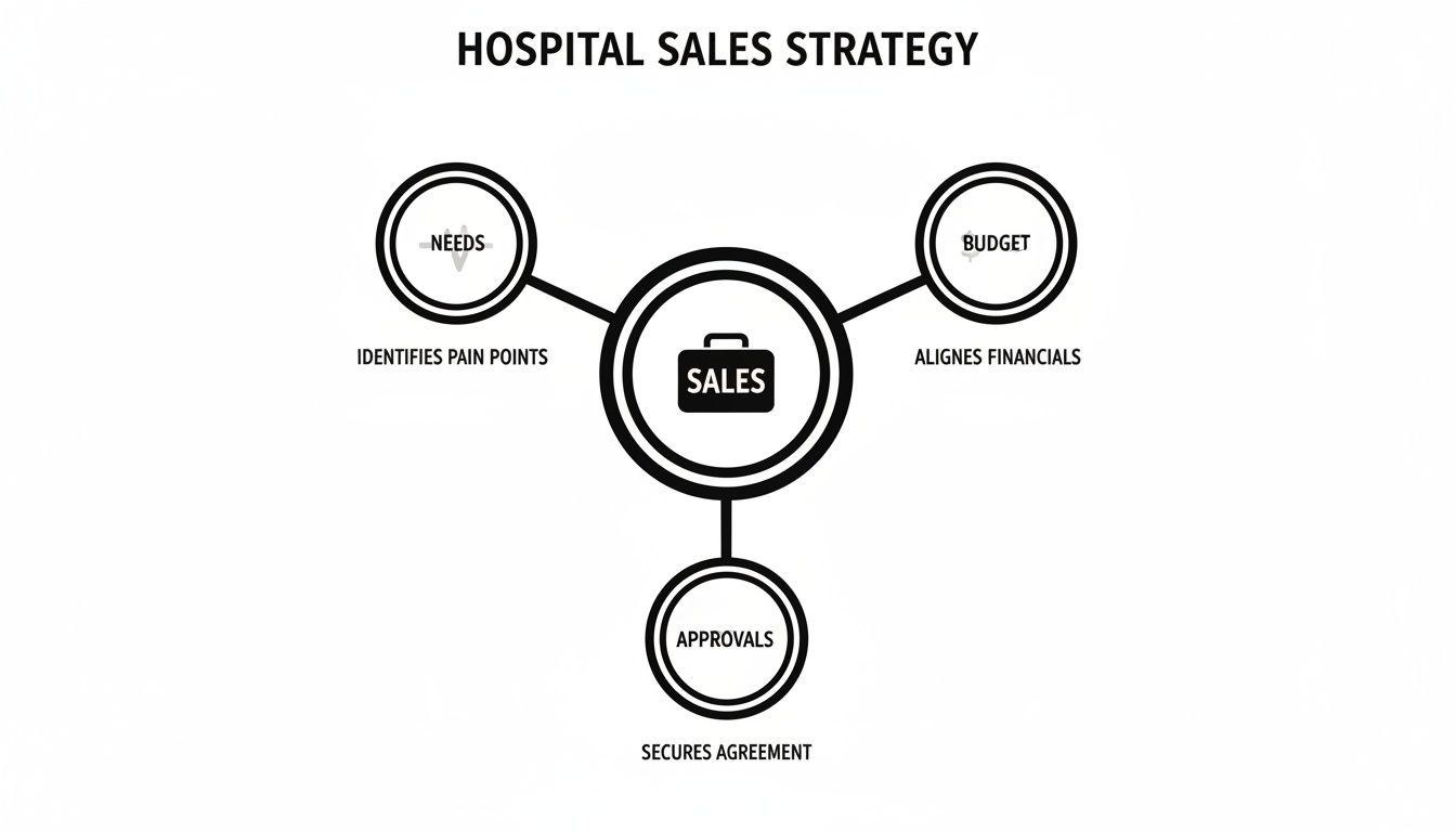 A diagram illustrating a hospital sales strategy, highlighting Sales linked to Needs, Budget, and Approvals.