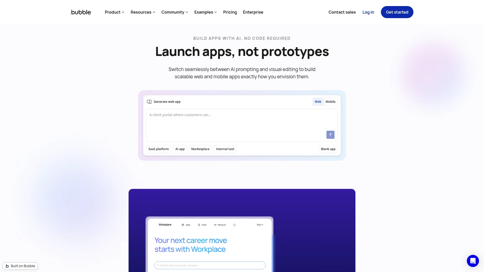The Bubble homepage showing its AI-powered no-code app builder for web and mobile marketplaces.