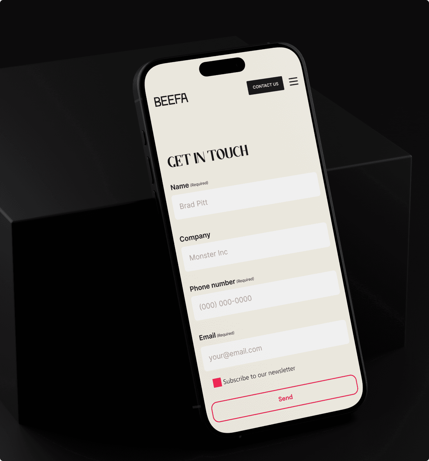 The Beefa contact form, designed by The Editor Suite, is displayed on a smartphone. The clean and modern design allows users to easily submit their name, company, phone number, and email address, along with an option to subscribe to the newsletter. This image showcases the user-friendly mobile experience created for the Beefa brand.