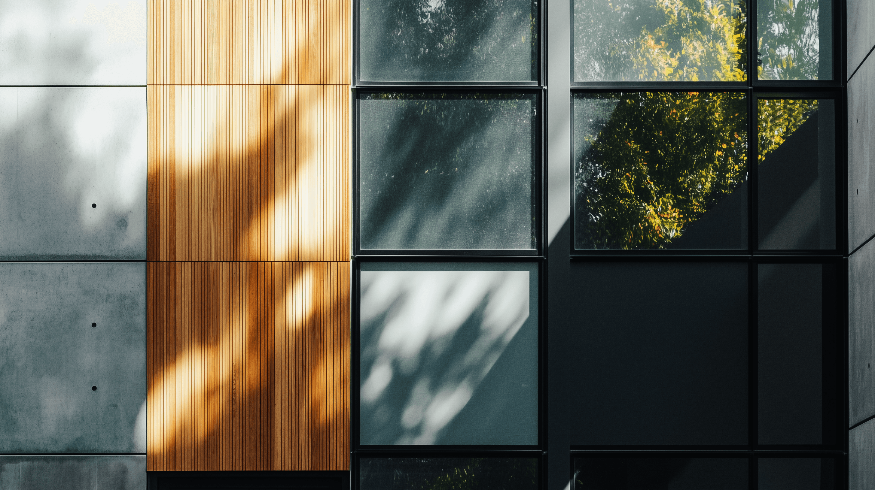 Close-up of a modern building facade featuring vertical wooden panels and black-framed windows, with natural light casting tree shadows on the surfaces.