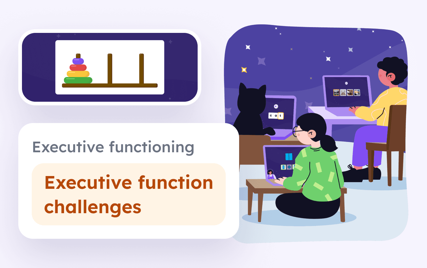 Illustration: pupils working on laptops in Talamo’s starry test world with the Talamo cat, beside the Block move task screen and Arthur Brown’s sample result, ‘Executive function challenges’.