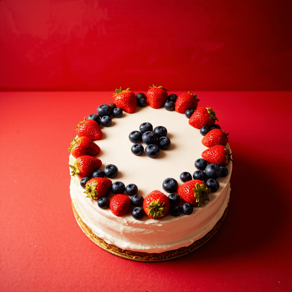 product photography of a round cake topped with fresh fruits and cream, typically used for celebrations