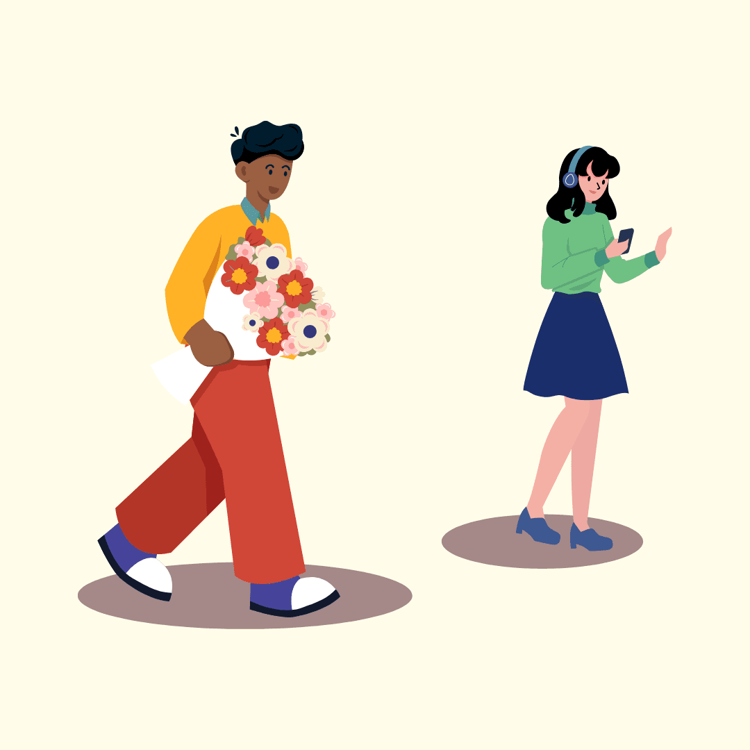 Man with flowers and woman listening to music