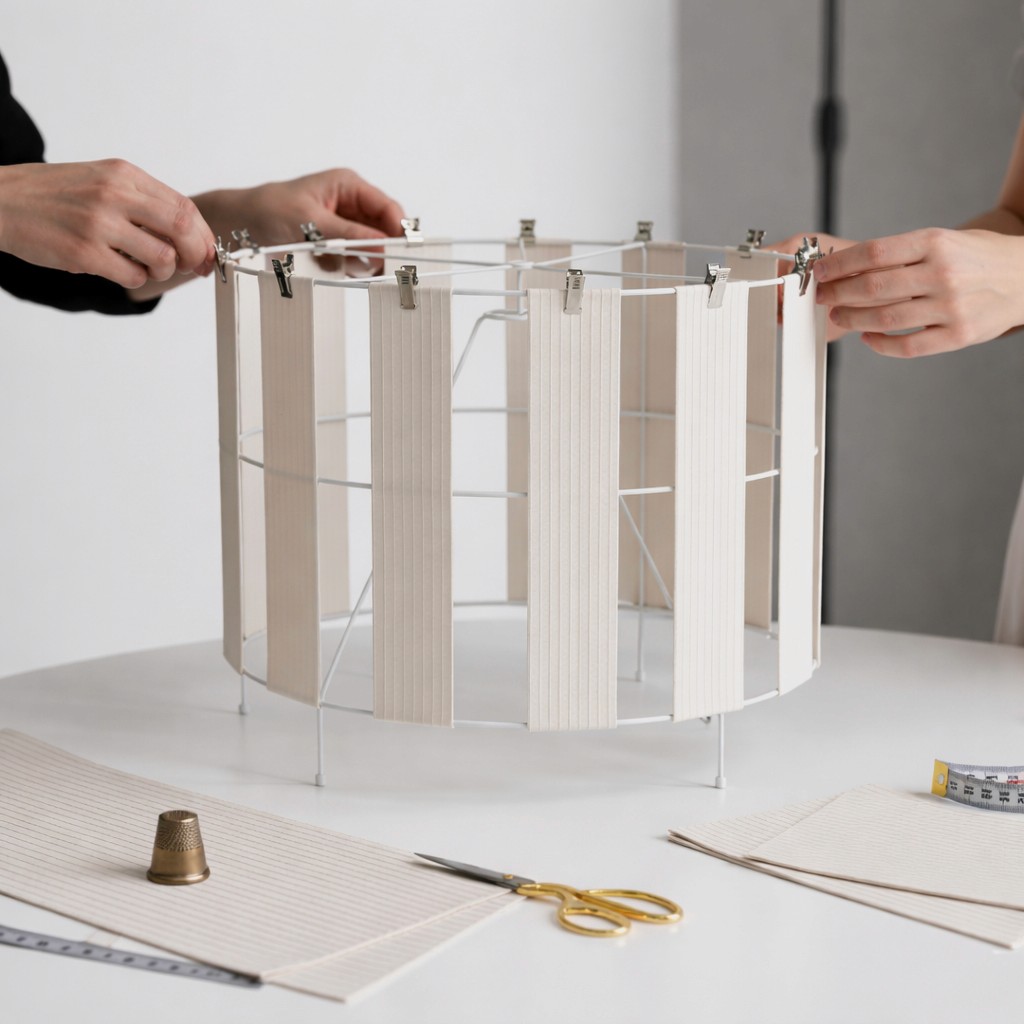 Hands using metal clips to secure vertical strips of knitted fabric onto a white wire lampshade frame.