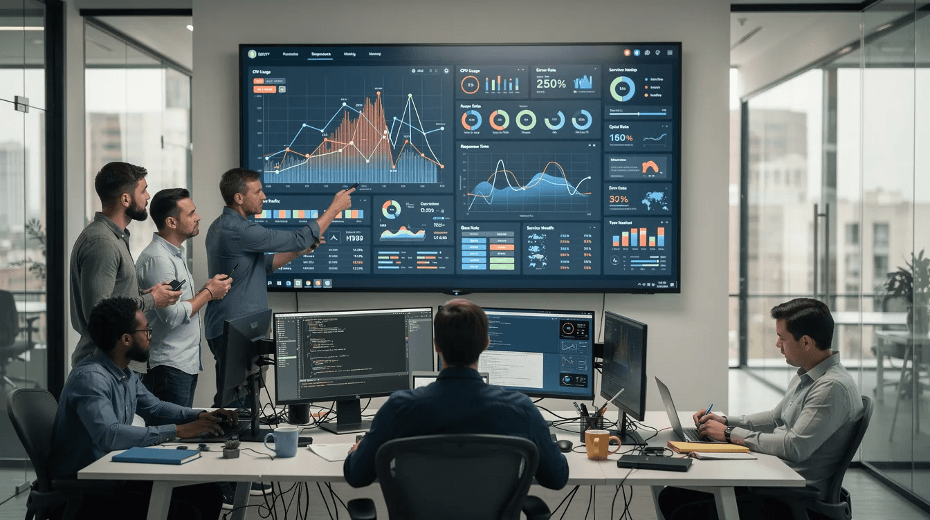 A technical team is gathered around a large screen, reviewing monitoring dashboards that display data from various connected devices. They are focused on analyzing device performance and status, which is crucial for effective device management and predictive maintenance in IoT device management platforms.