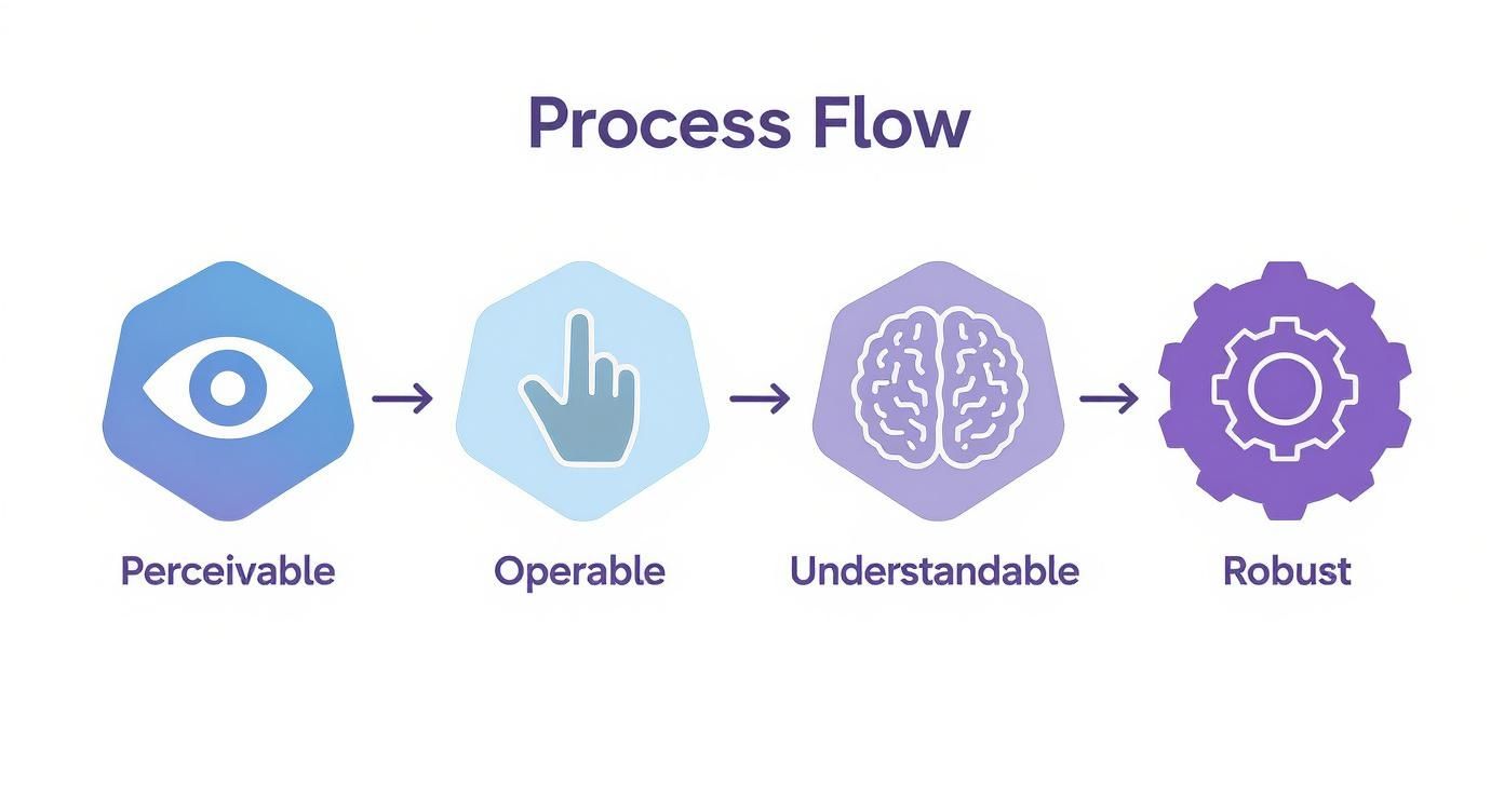 Process flow diagram showing four stages: perceivable, operable, understandable, and robust with corresponding icons