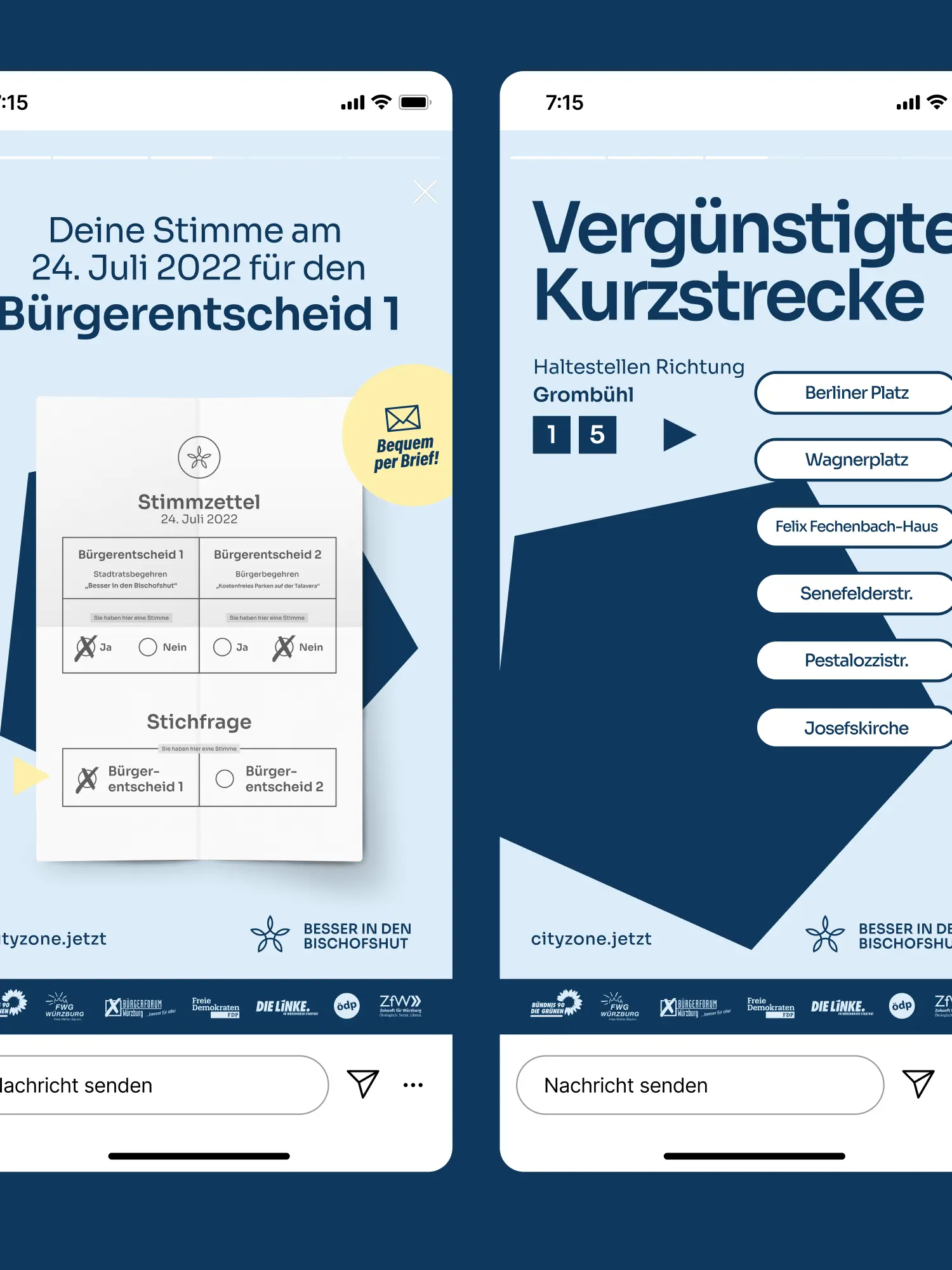 Zwei Instagram-Story-Mockups mit Stimmzettel-Empfehlung und Infografik „Vergünstigte Kurzstrecke“ zur CityZone.
