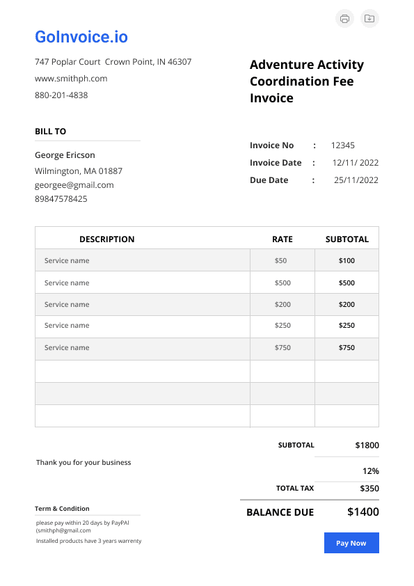 Adventure Activity Coordination Fee Invoice