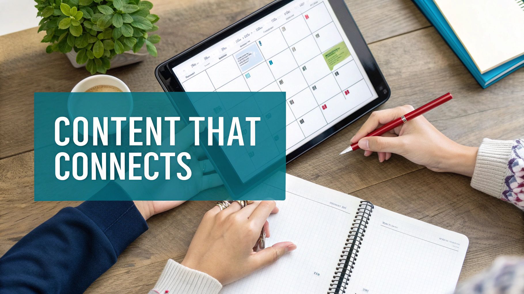 Hands writing notes next to a tablet displaying a content calendar and a plant on a wooden desk.