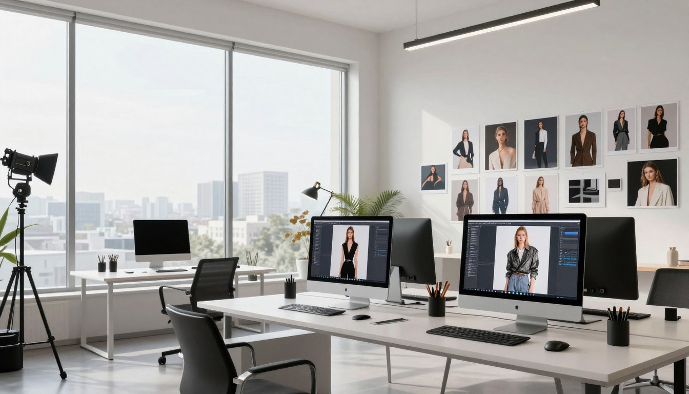Outer Sphere creative studio workspace with AI technology and luxury fashion photography