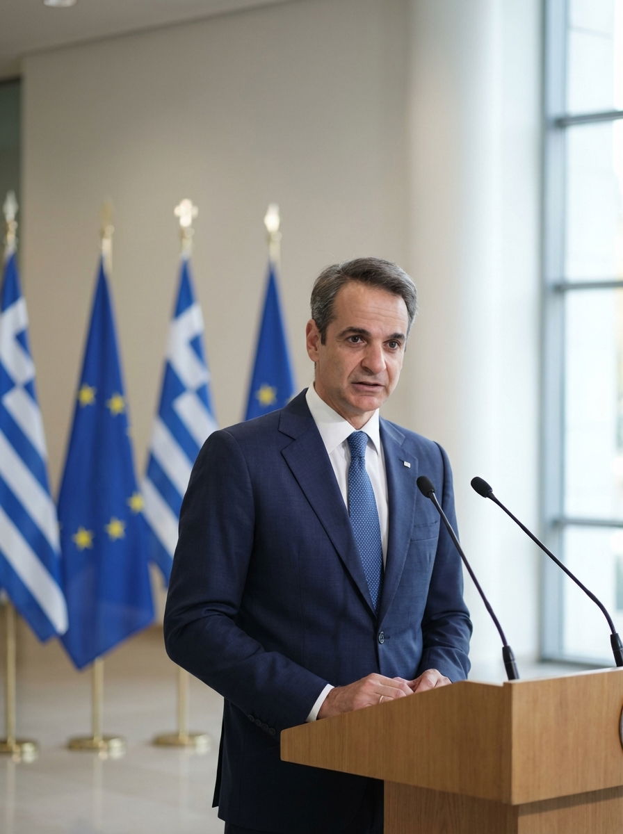 Greek government setting with EU symbolism.