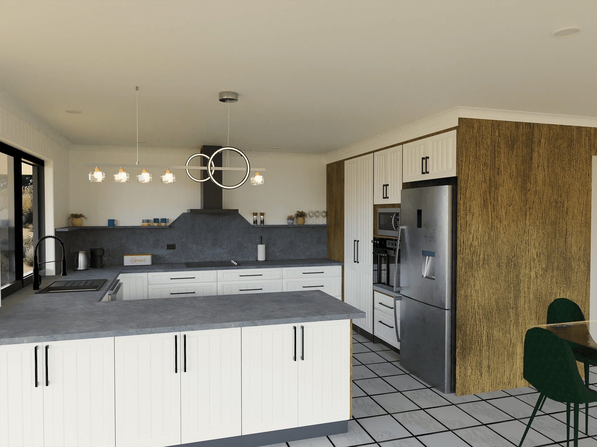 Realistic 3D render of a redesigned kitchen, showcasing Dylan Coleman's 3D modeling skills and attention to detail, created to reflect the environment and style of the original space.