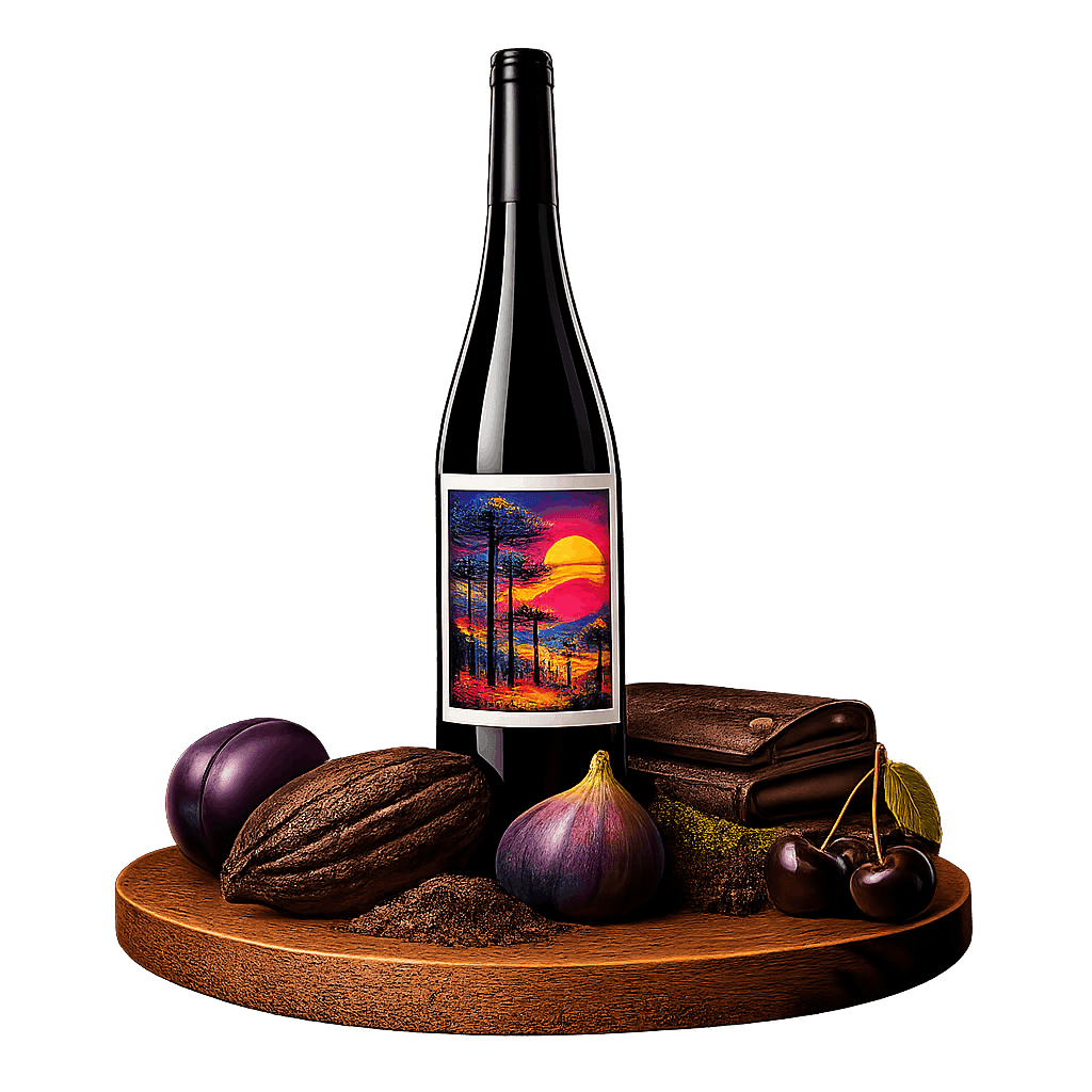 Artistic label and flavor profile for Vale dos Vinhedos Merlot on a rustic wooden table.