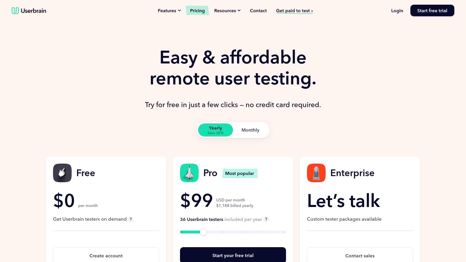 Userbrain's pricing plans highlighting its flexible credit-based system