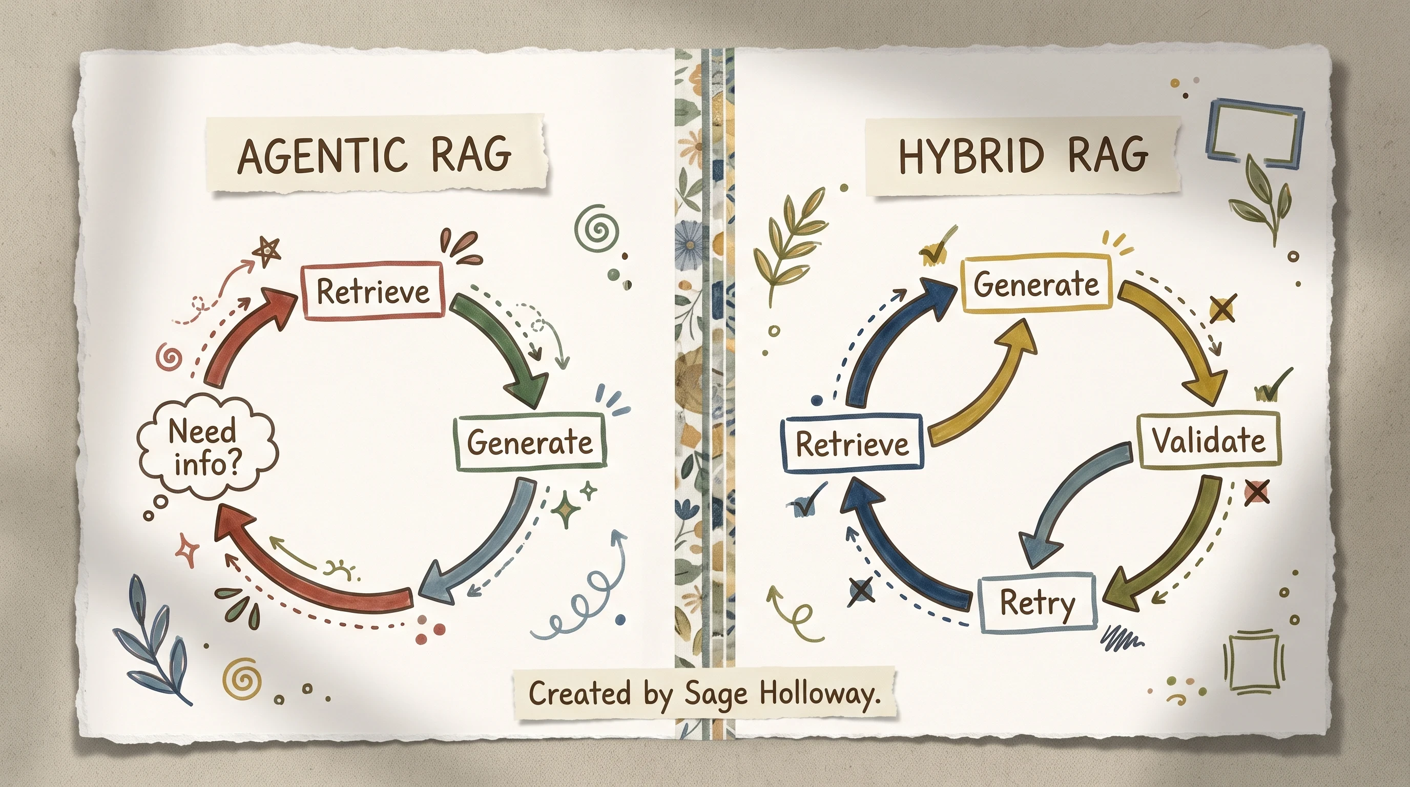 Scrapbook dual-panel diagram of agentic RAG and hybrid RAG self-correction loops