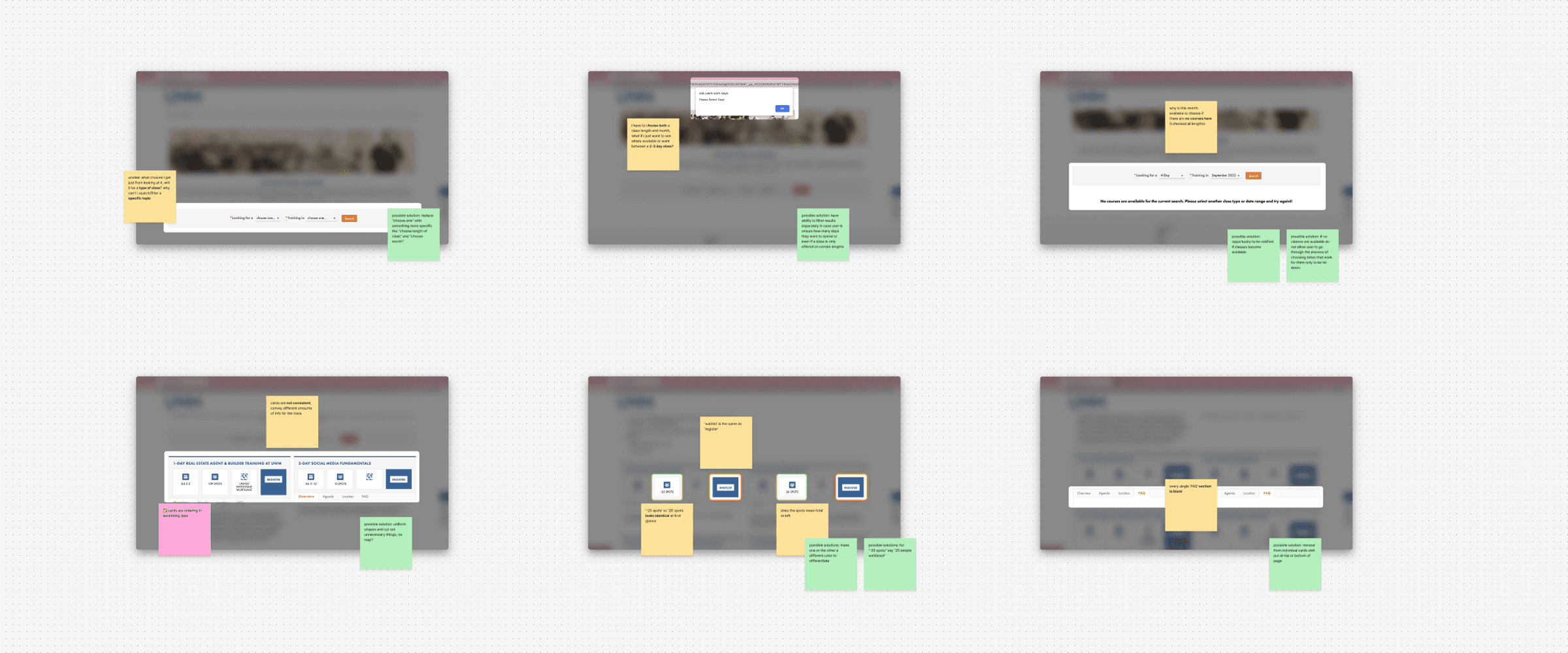 A Figjam board with screens from the previous website. There are sticky notes with research notes on them.