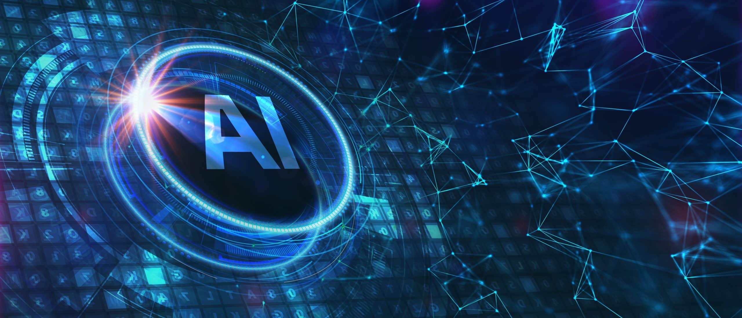 A digital representation of artificial intelligence, with a futuristic blue AI icon surrounded by a tech-inspired background.