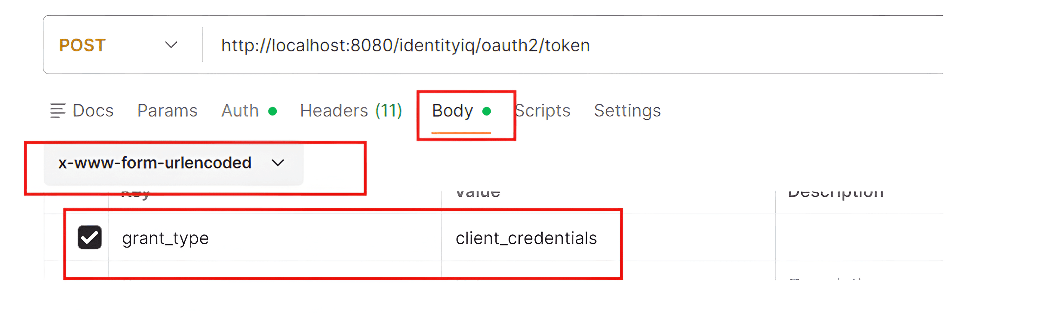 An API client interface highlighting the Body configuration of a POST request with the content type x-www-form-urlencoded and a key-value pair for grant_type set to client_credentials.