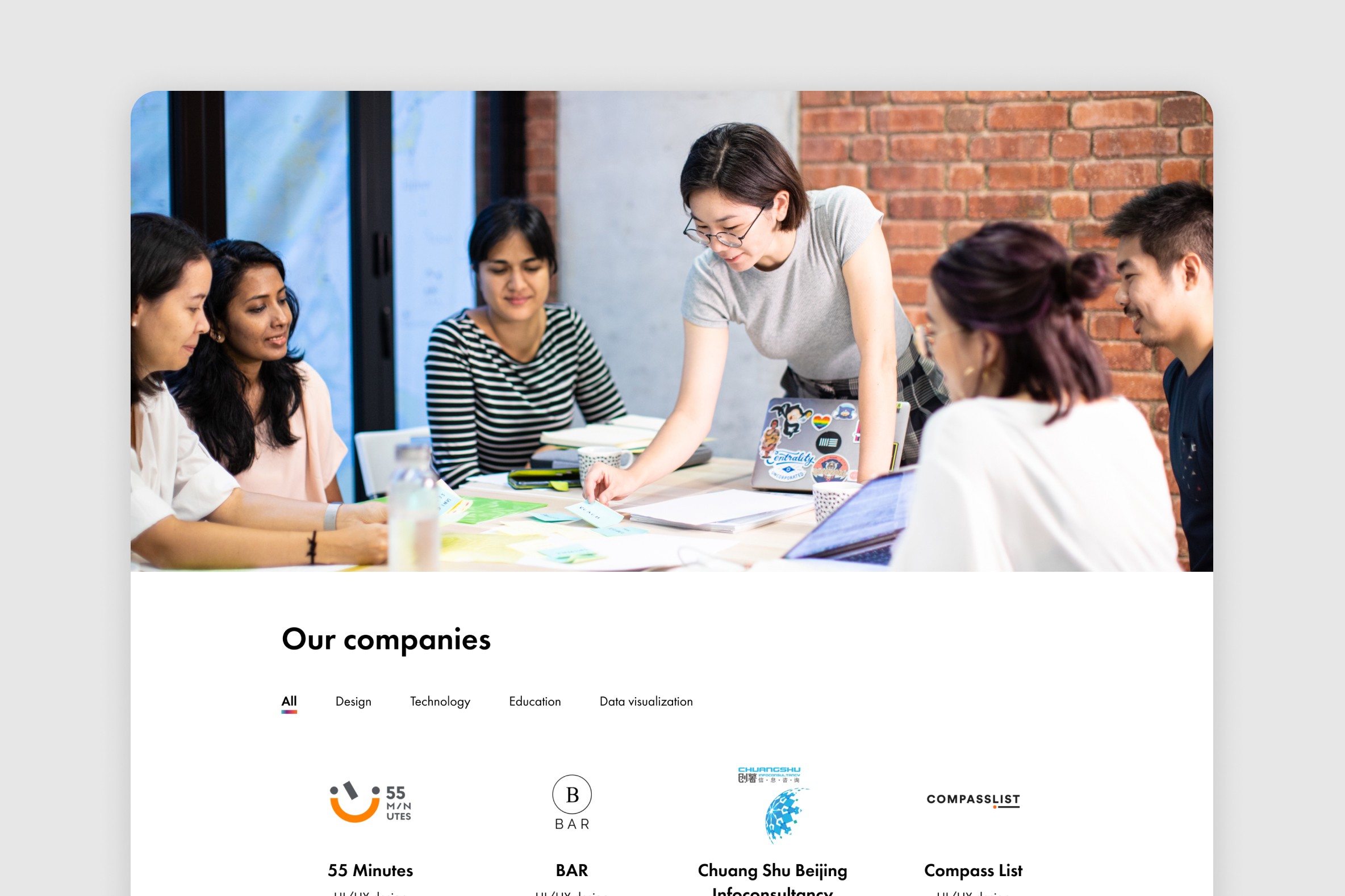 A browser mockup showcasing the 'Our Companies' page