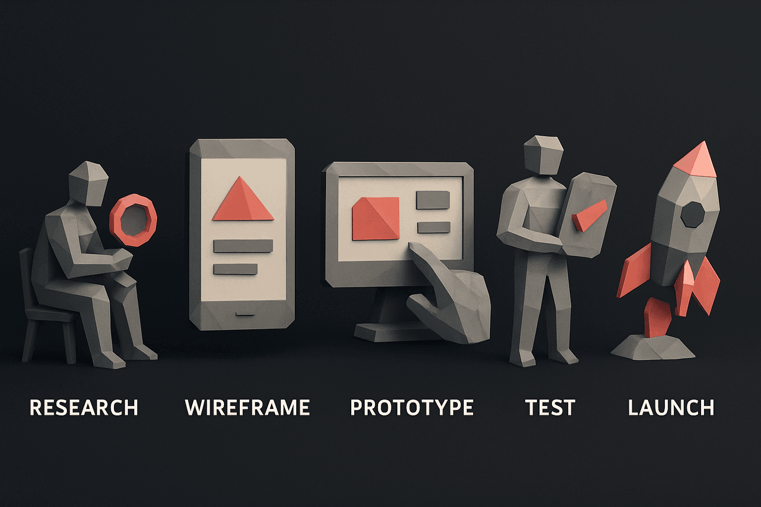 3D low-poly representation of the design process: Research, Wireframe, Prototype, Test, and Launch, using abstract human figures and digital tools